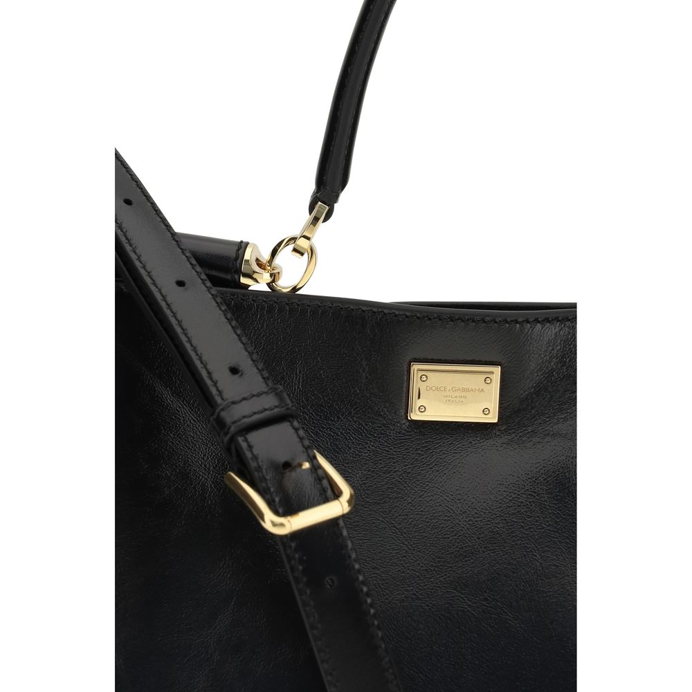 Dolce & Gabbana Women's Vittoria Medium Black Calfskin Leather Shoulder Bag Vintage Brass