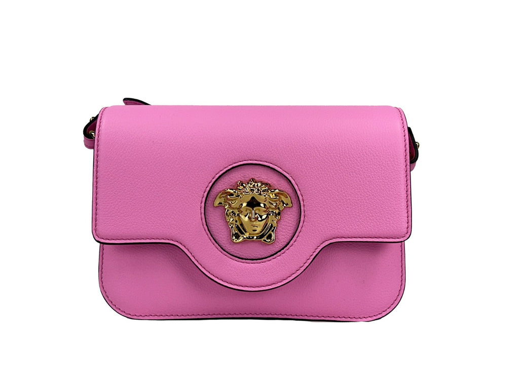 Versace Women's Pink Pebbled Leather La Medusa Crossbody Bag Gold Hardware