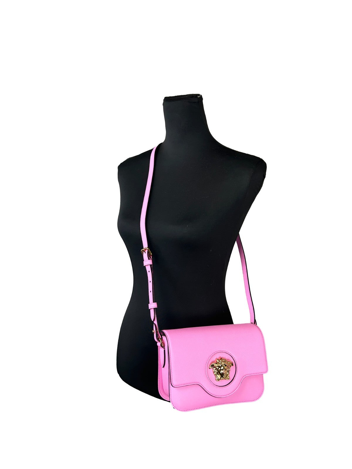 Versace Women's Pink Pebbled Leather La Medusa Crossbody Bag Gold Hardware
