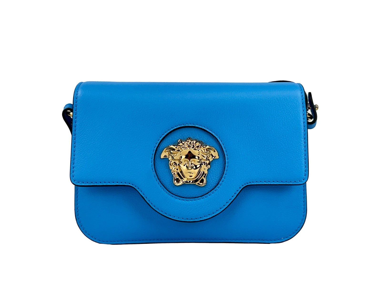 Versace Women's Blue Pebbled Leather La Medusa Crossbody Bag Gold Hardware