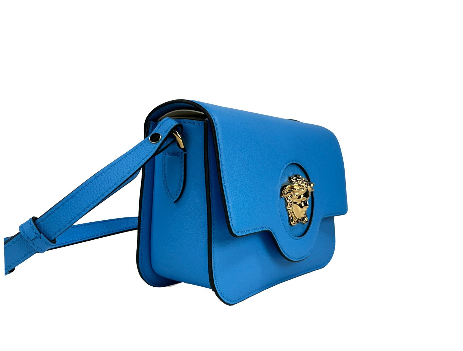 Versace Women's Blue Pebbled Leather La Medusa Crossbody Bag Gold Hardware