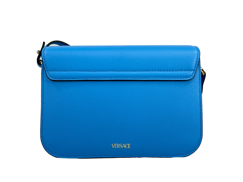 Versace Women's Blue Pebbled Leather La Medusa Crossbody Bag Gold Hardware