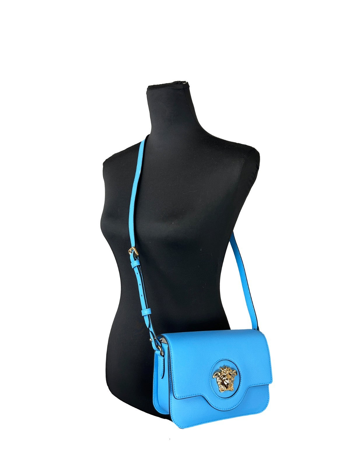 Versace Women's Blue Pebbled Leather La Medusa Crossbody Bag Gold Hardware