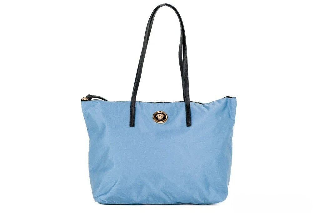 Versace Women's Cornflower Blue Nylon Portuna Medusa Medium Tote Bag Gold Hardware