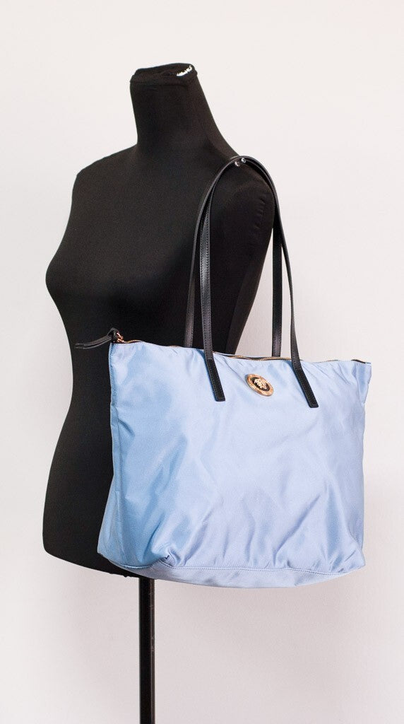 Versace Women's Cornflower Blue Nylon Portuna Medusa Medium Tote Bag Gold Hardware