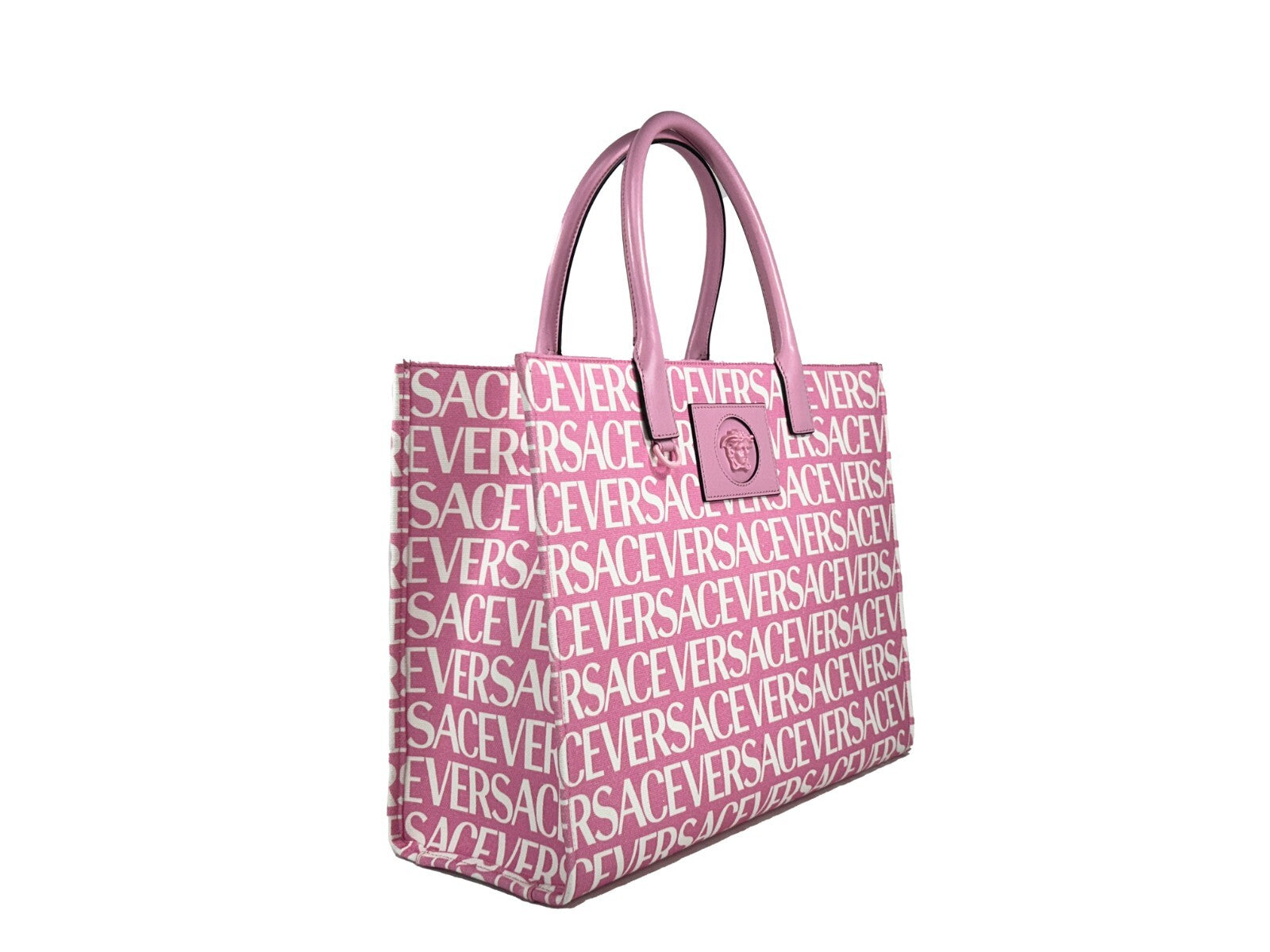 Versace Women's Baby Pink Canvas Medusa Logo Large Tote Bag Leather Handles