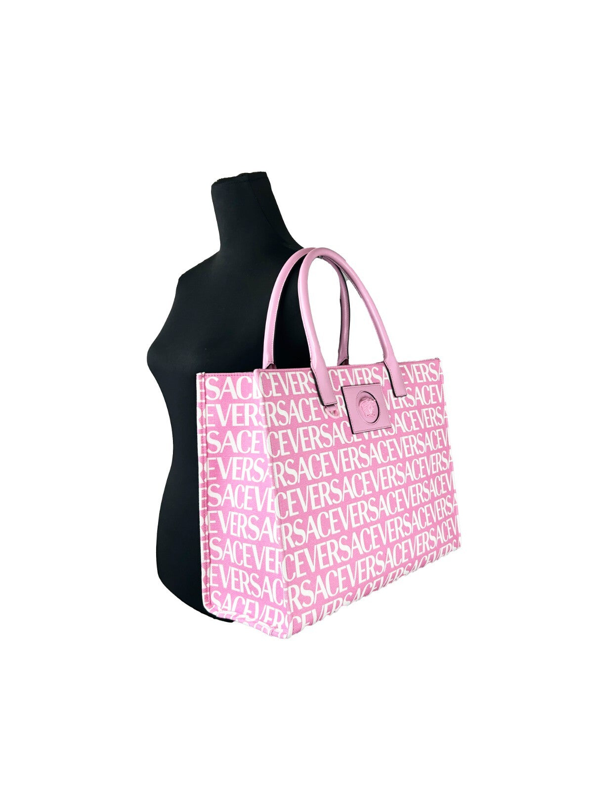 Versace Women's Baby Pink Canvas Medusa Logo Large Tote Bag Leather Handles
