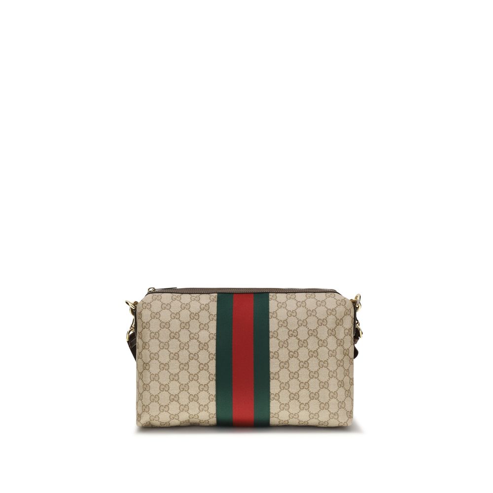 Gucci Men's Beige GG Canvas Web Stripe Medium Shoulder Bag Gold Logo