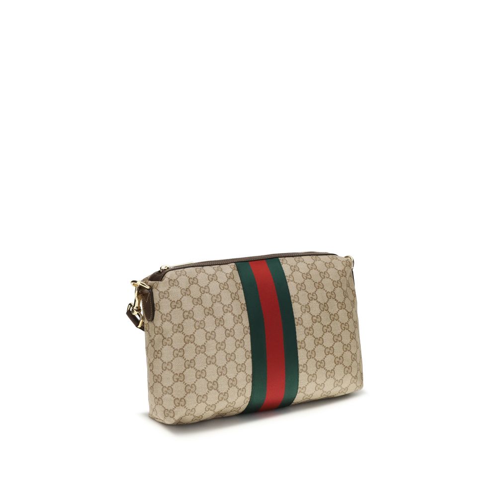 Gucci Men's Beige GG Canvas Web Stripe Medium Shoulder Bag Gold Logo