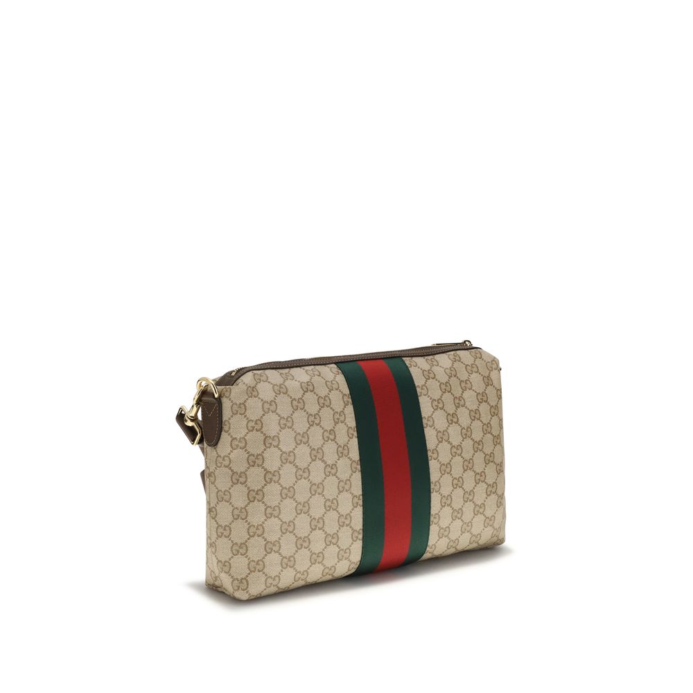 Gucci Men's Beige GG Canvas Web Stripe Medium Shoulder Bag Gold Logo
