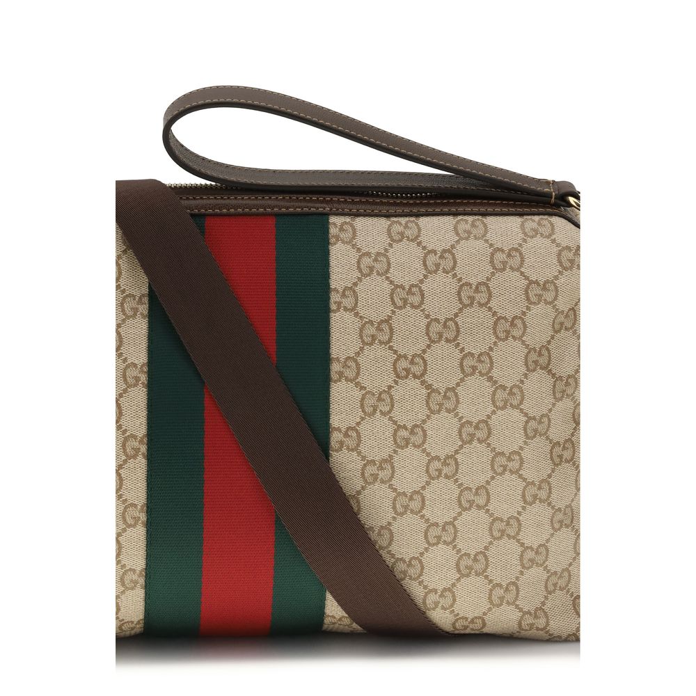 Gucci Men's Beige GG Canvas Web Stripe Medium Shoulder Bag Gold Logo