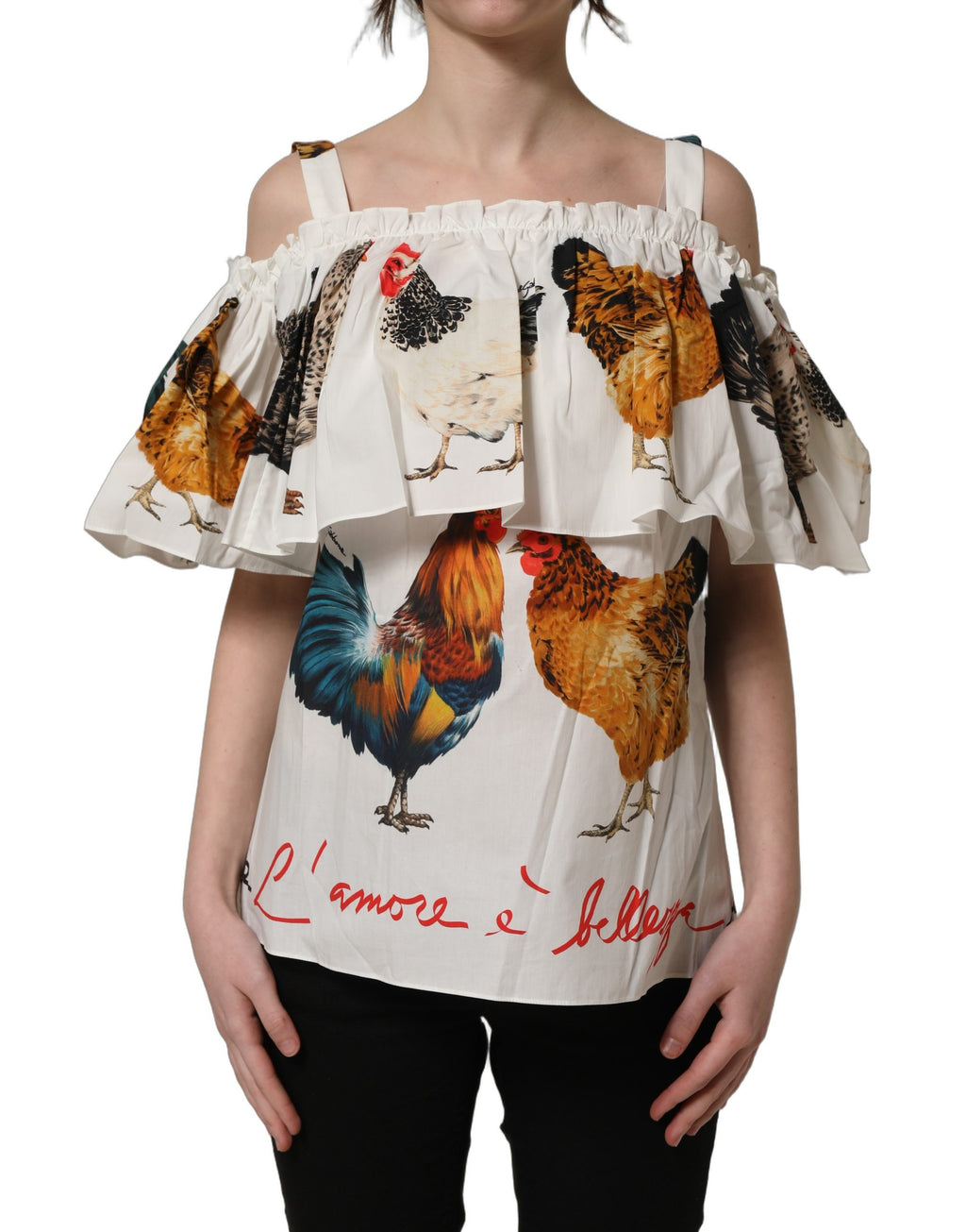 Dolce & Gabbana Women's White Rooster Print Poplin Off-The-Shoulder Ruffle Top