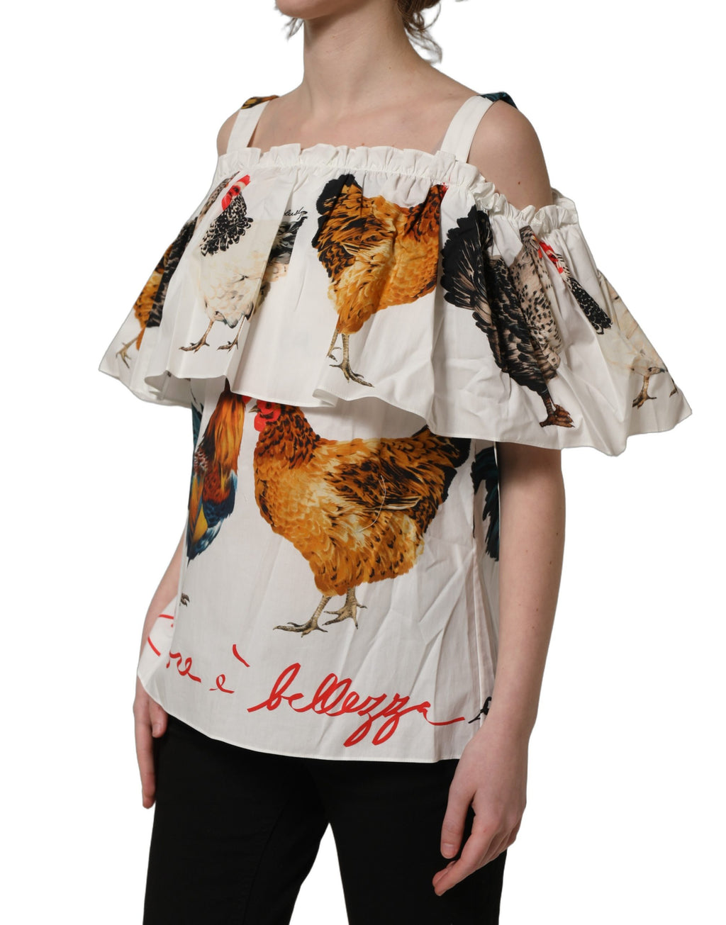 Dolce & Gabbana Women's White Rooster Print Poplin Off-The-Shoulder Ruffle Top
