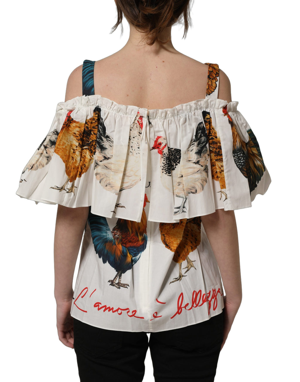 Dolce & Gabbana Women's White Rooster Print Poplin Off-The-Shoulder Ruffle Top