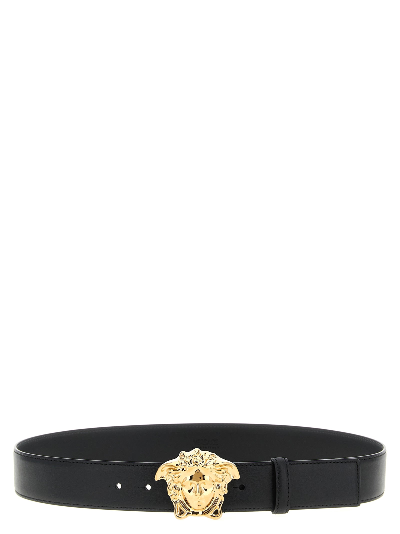 Versace Men's Black Calfskin Leather Belt Gold Medusa Buckle