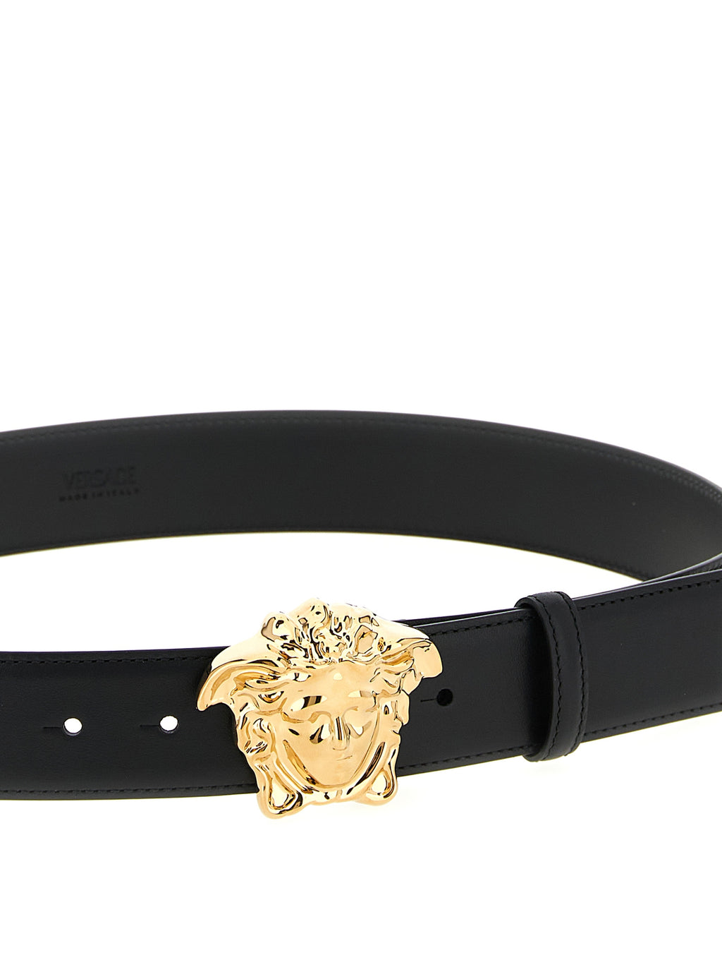 Versace Men's Black Calfskin Leather Belt Gold Medusa Buckle
