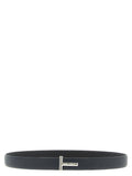 Tom Ford Men's Black Dark Blue Reversible Hammered Calfskin Belt Silver Logo Buckle