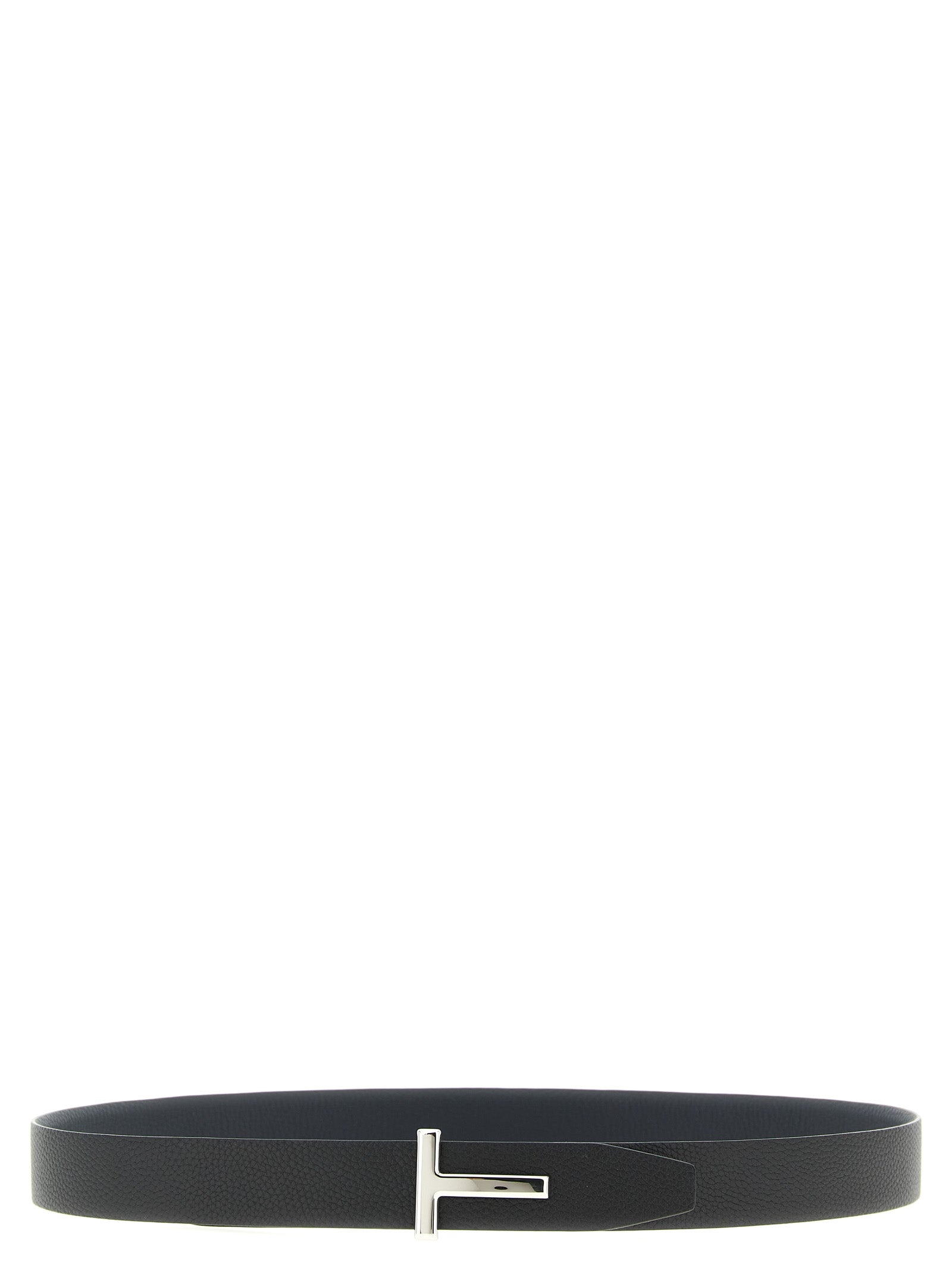 Tom Ford Men's Black Dark Blue Reversible Hammered Calfskin Belt Silver Logo Buckle