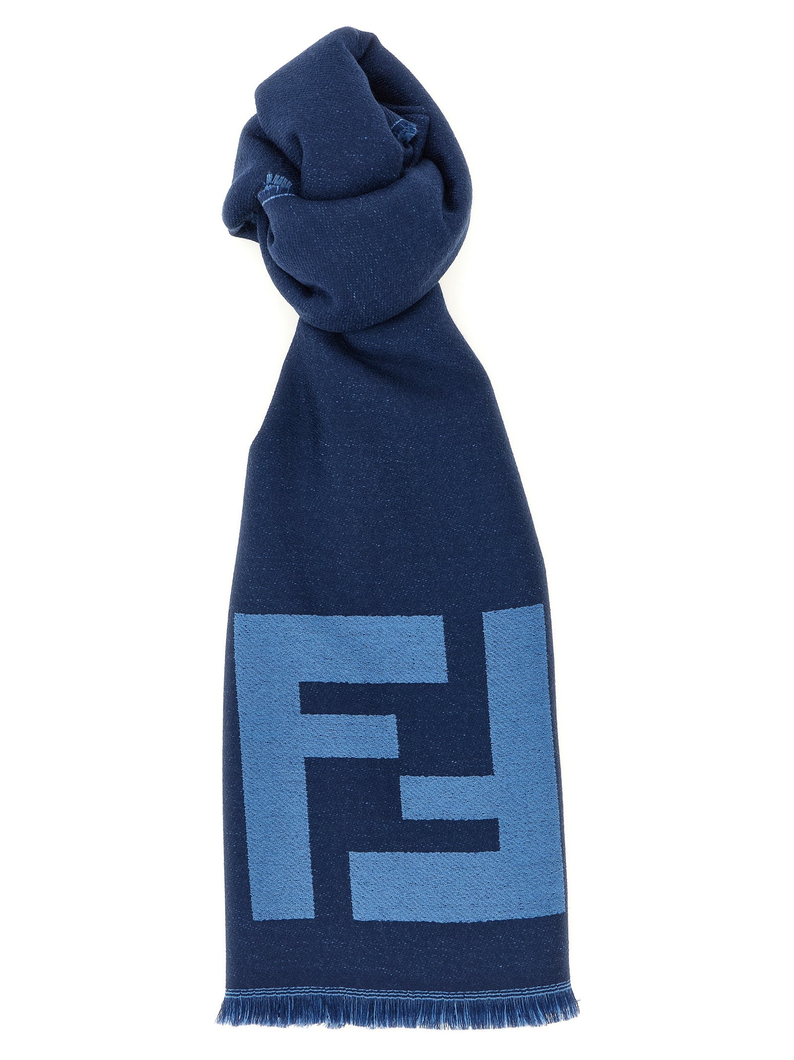 Fendi Men's Blue Virgin Wool FF Macro Jacquard Scarf