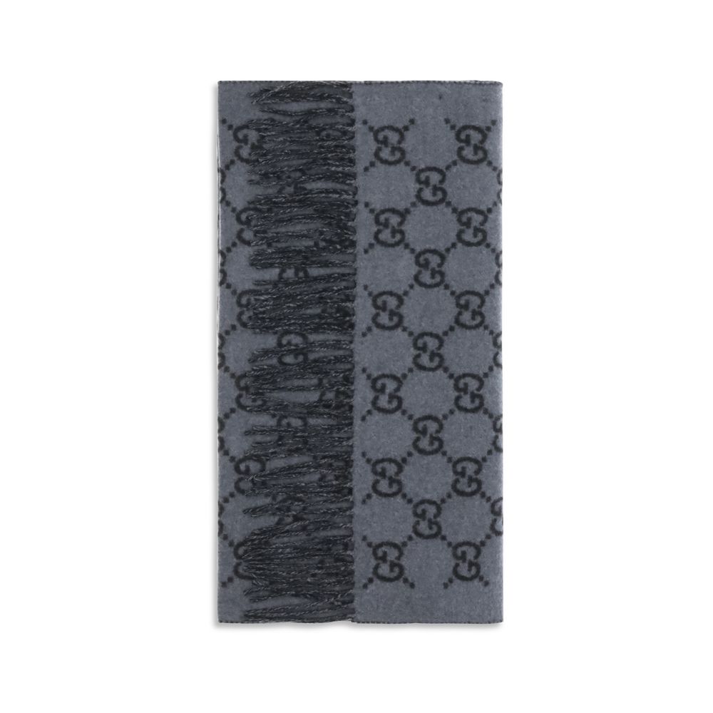 Gucci Men's Blue Cashmere GG Pattern Scarf Fringed Ends
