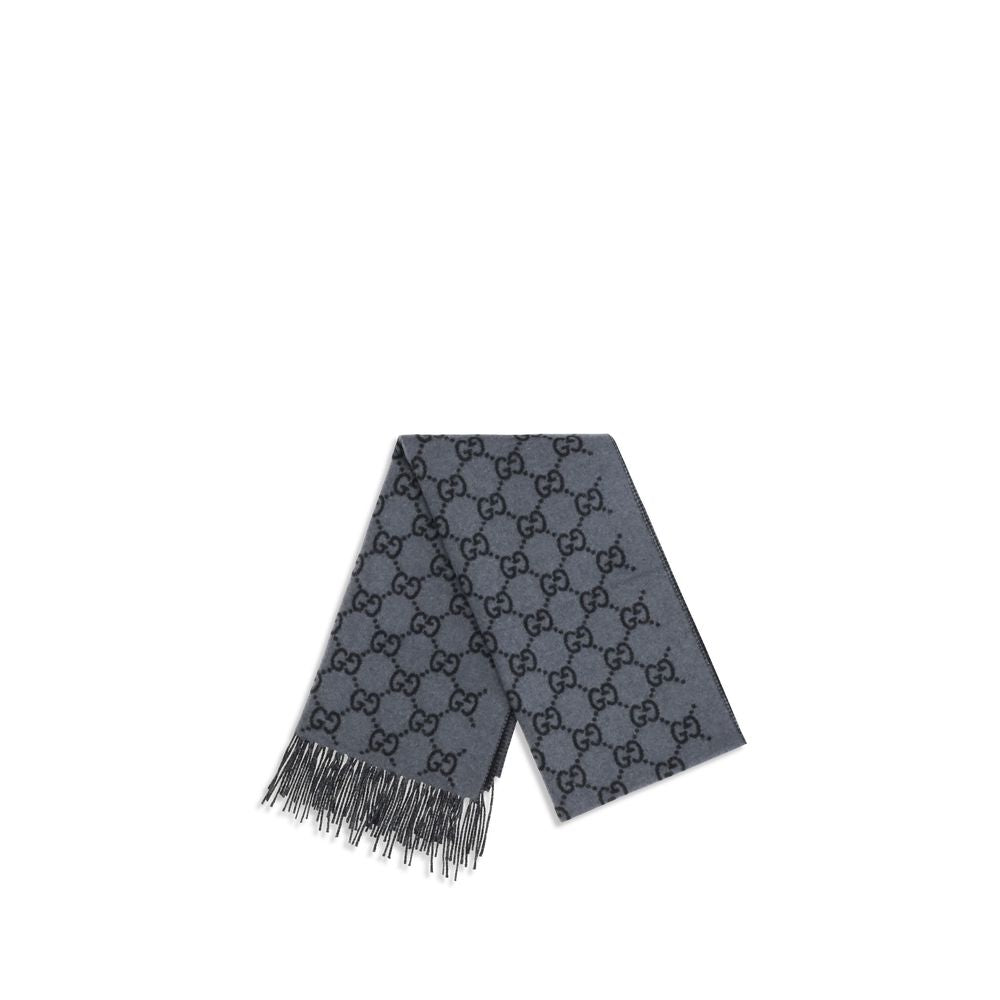 Gucci Men's Blue Cashmere GG Pattern Scarf Fringed Ends