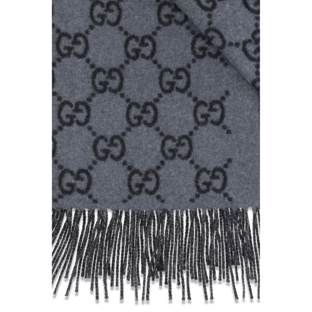 Gucci Men's Blue Cashmere GG Pattern Scarf Fringed Ends