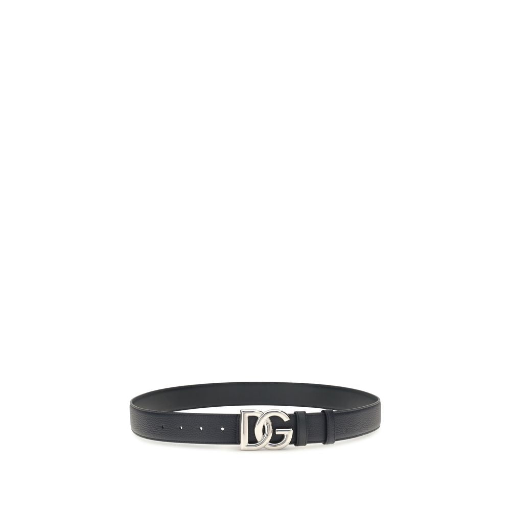 Dolce & Gabbana Men's Black Calfskin Leather Interlocking DG Palladium Buckle Belt 3.5cm