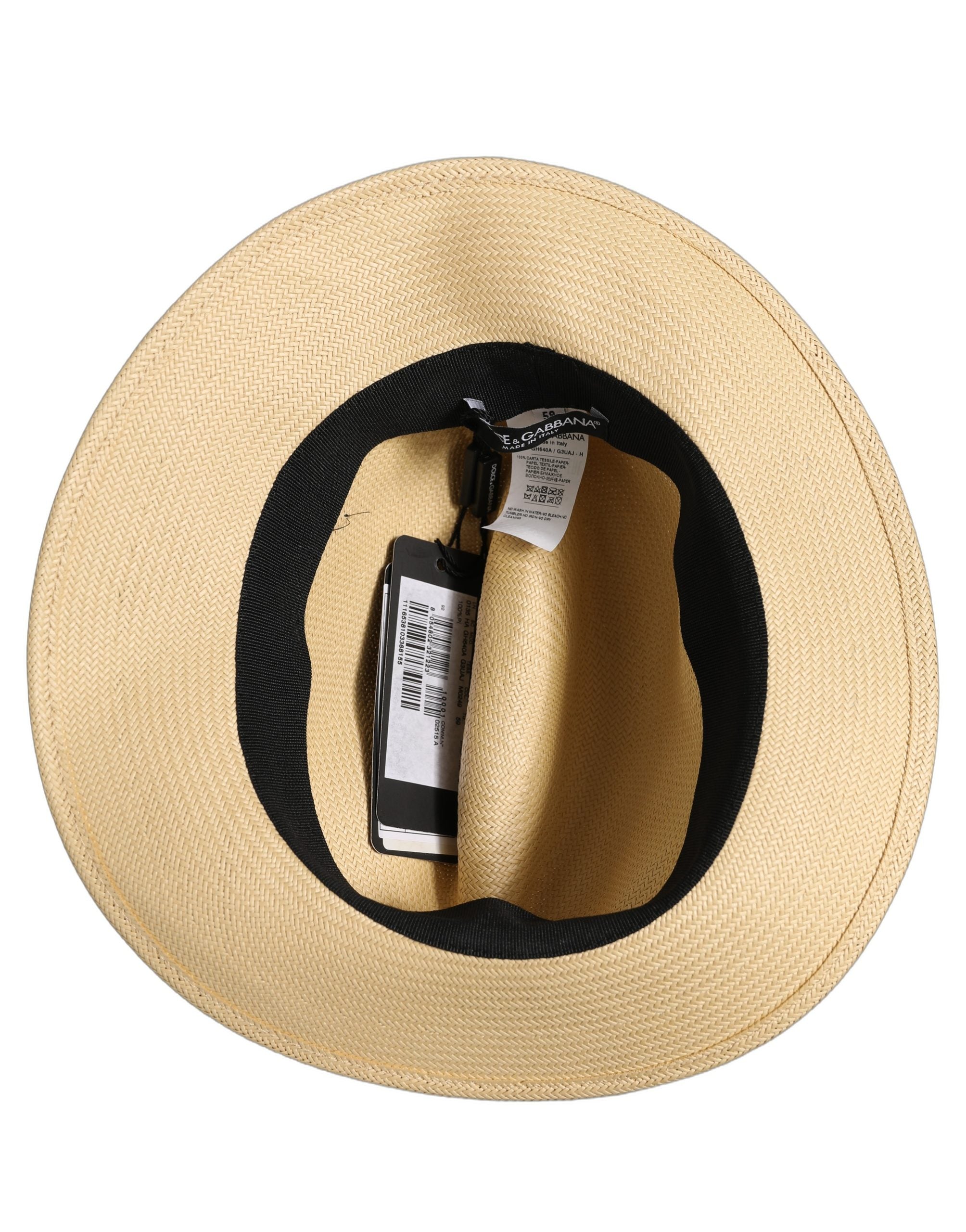 Dolce & Gabbana Men's Beige Paper Straw Panama Fedora Hat Black Ribbon Band