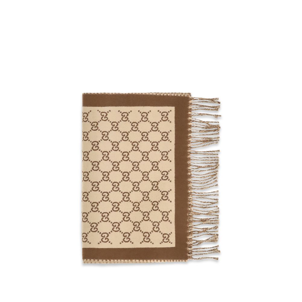 Gucci Women's Beige Merino Wool GG Motif Reversible Scarf Fringed Edges