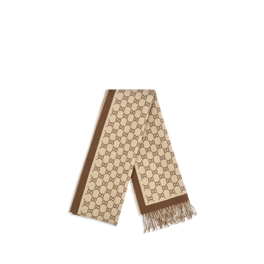 Gucci Women's Beige Merino Wool GG Motif Reversible Scarf Fringed Edges