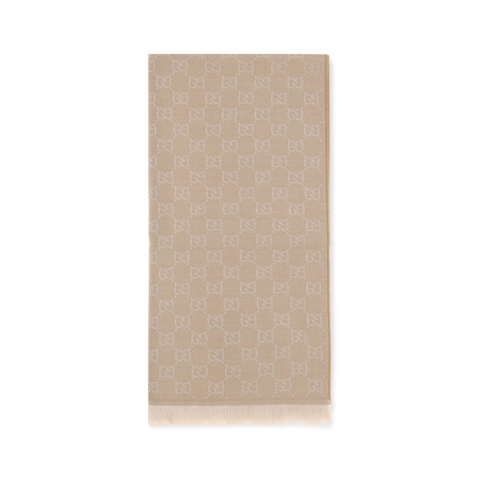 Gucci Women's Beige Wool GG Supreme Embroidered Scarf Frayed Ends