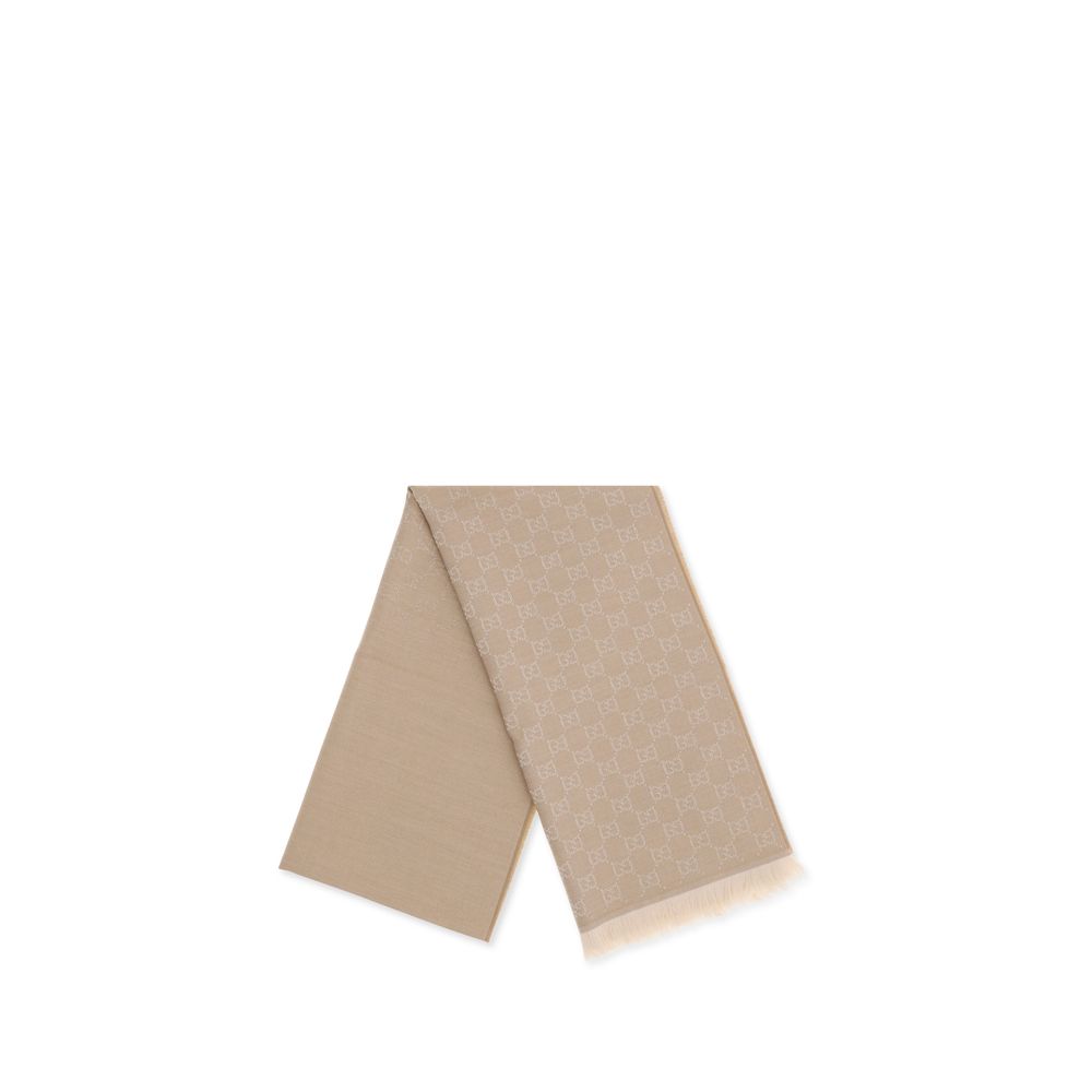 Gucci Women's Beige Wool GG Supreme Embroidered Scarf Frayed Ends