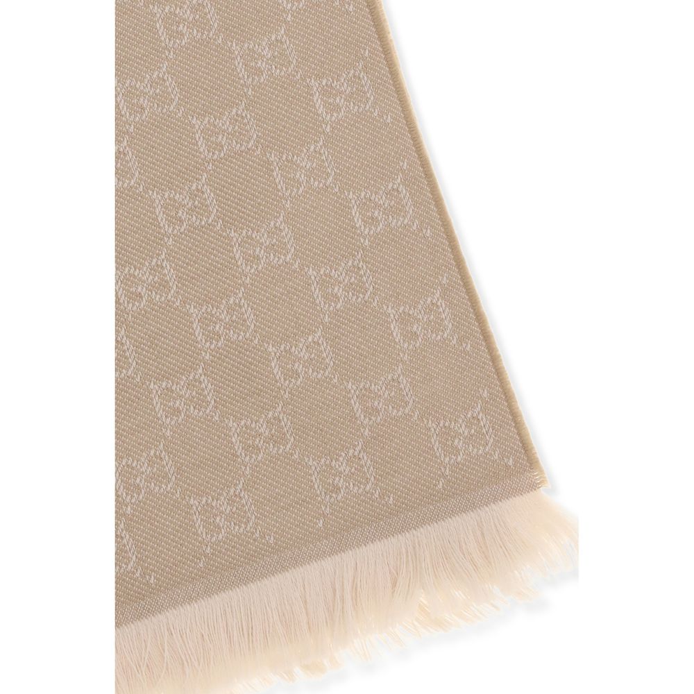 Gucci Women's Beige Wool GG Supreme Embroidered Scarf Frayed Ends