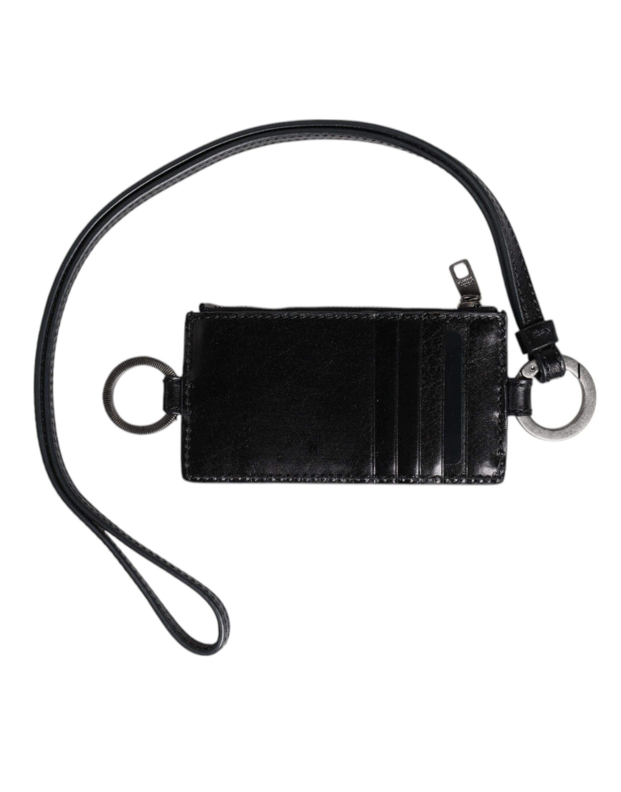 Dolce & Gabbana Men's Black Horse Leather Logo Embossed Lanyard Cardholder