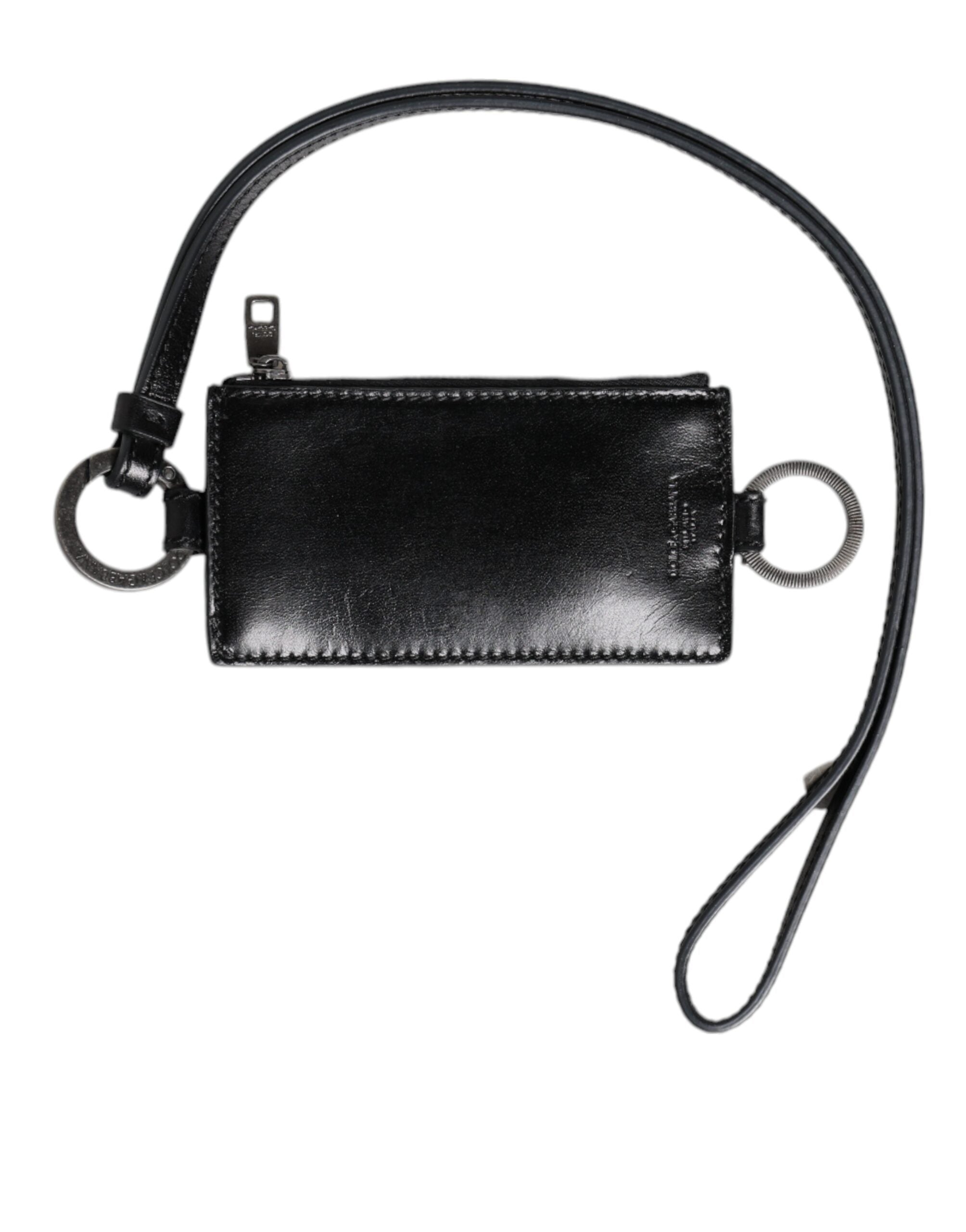 Dolce & Gabbana Men's Black Horse Leather Logo Embossed Lanyard Cardholder