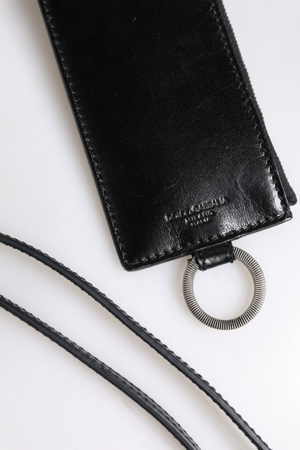 Dolce & Gabbana Men's Black Horse Leather Logo Embossed Lanyard Cardholder