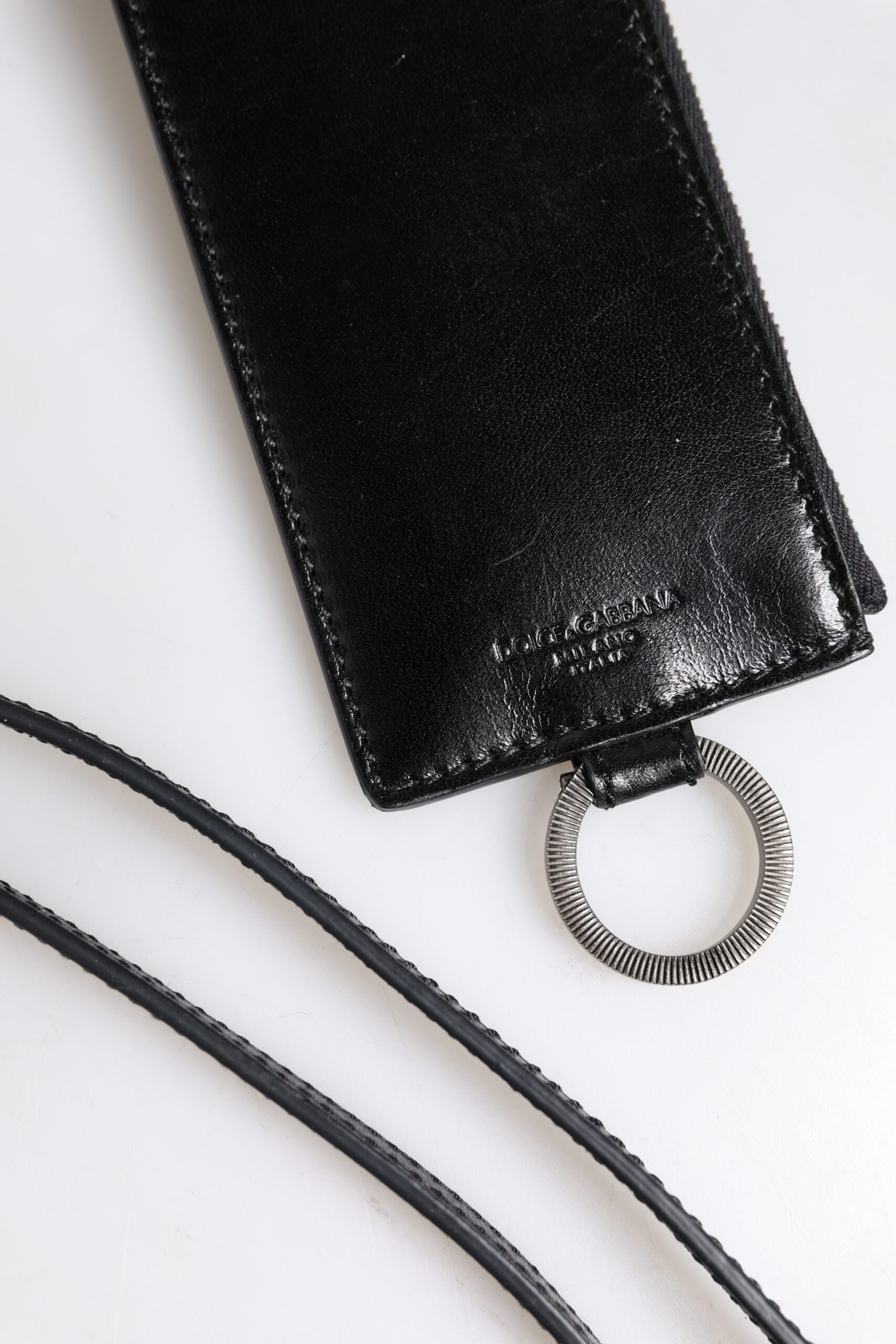 Dolce & Gabbana Men's Black Horse Leather Logo Embossed Lanyard Cardholder