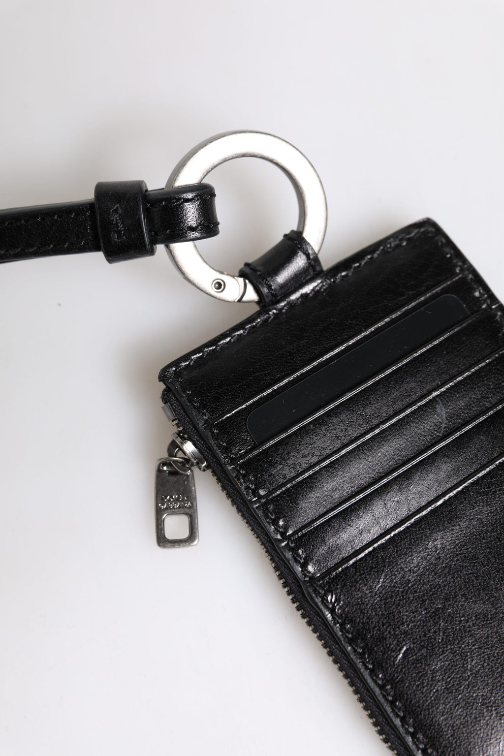 Dolce & Gabbana Men's Black Horse Leather Logo Embossed Lanyard Cardholder