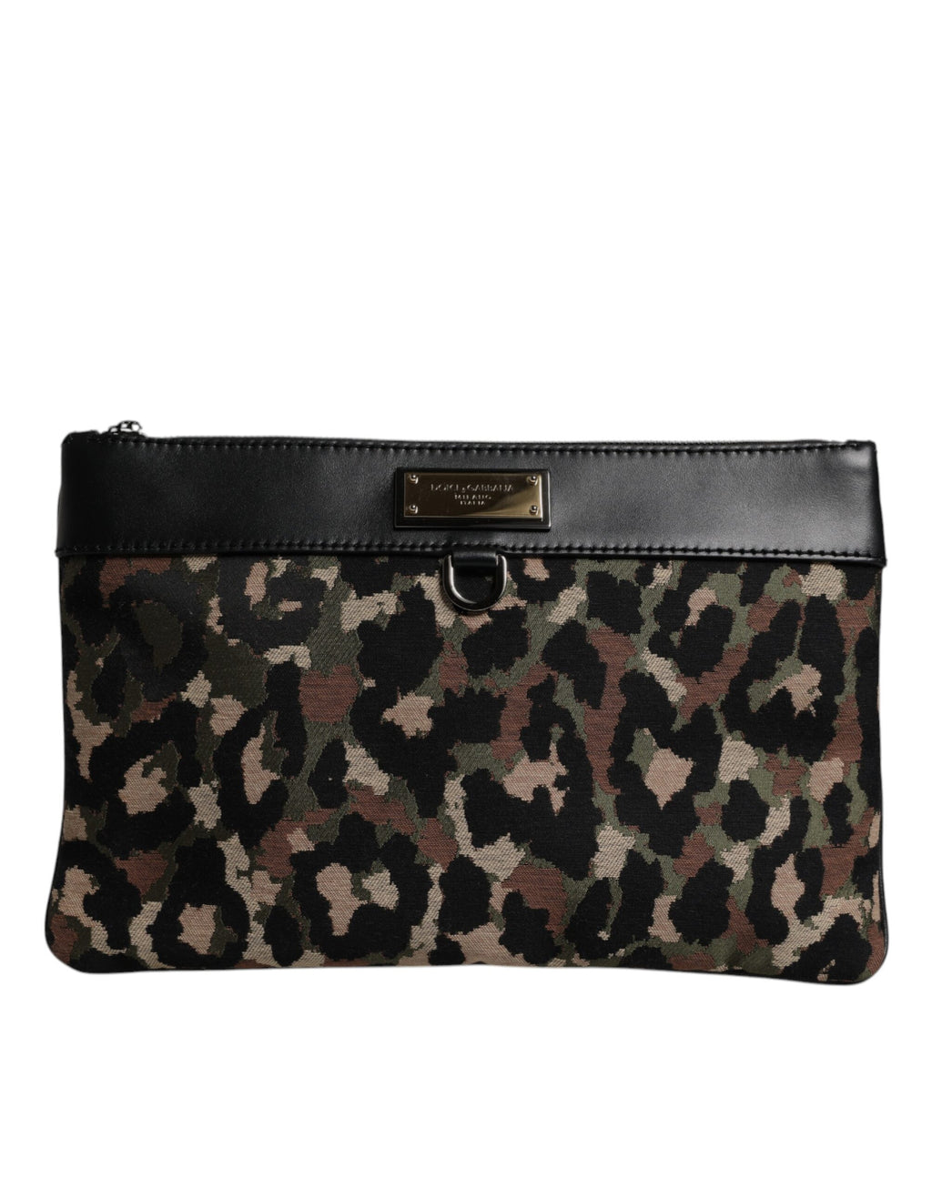 Dolce & Gabbana Men's Multicolor Leopard Jacquard Logo Plaque Flat Pouch Bag