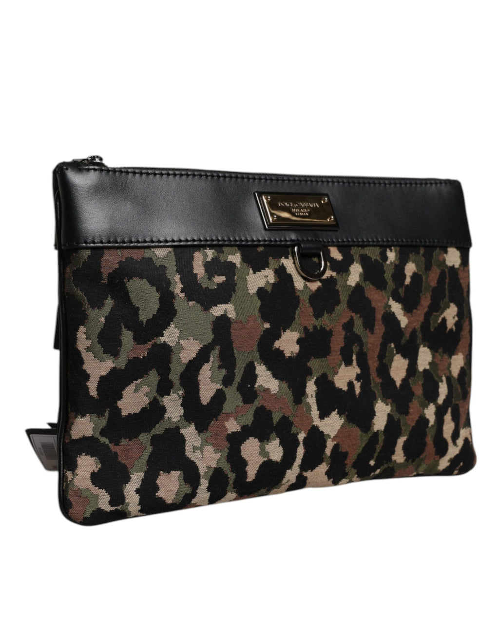 Dolce & Gabbana Men's Multicolor Leopard Jacquard Logo Plaque Flat Pouch Bag