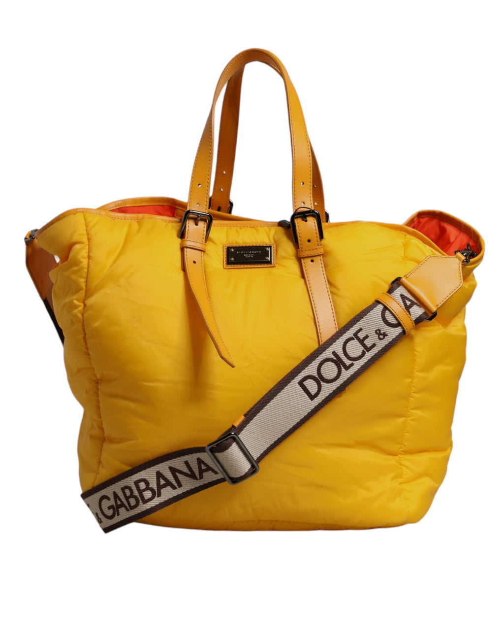 Dolce & Gabbana Men's Yellow Orange Nylon Logo Plaque Duffle Tote Shoulder Bag