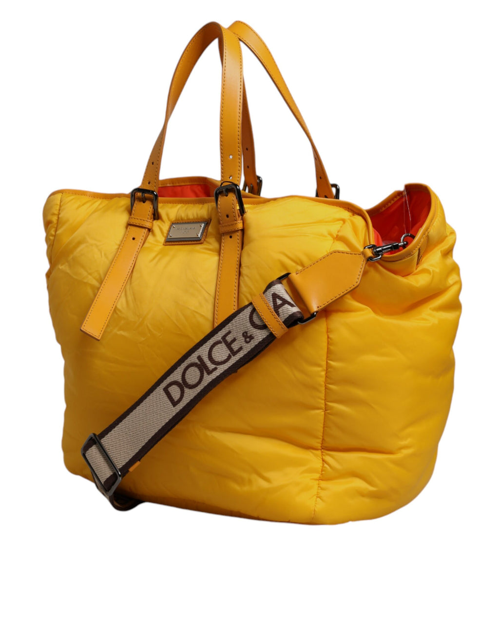 Dolce & Gabbana Men's Yellow Orange Nylon Logo Plaque Duffle Tote Shoulder Bag