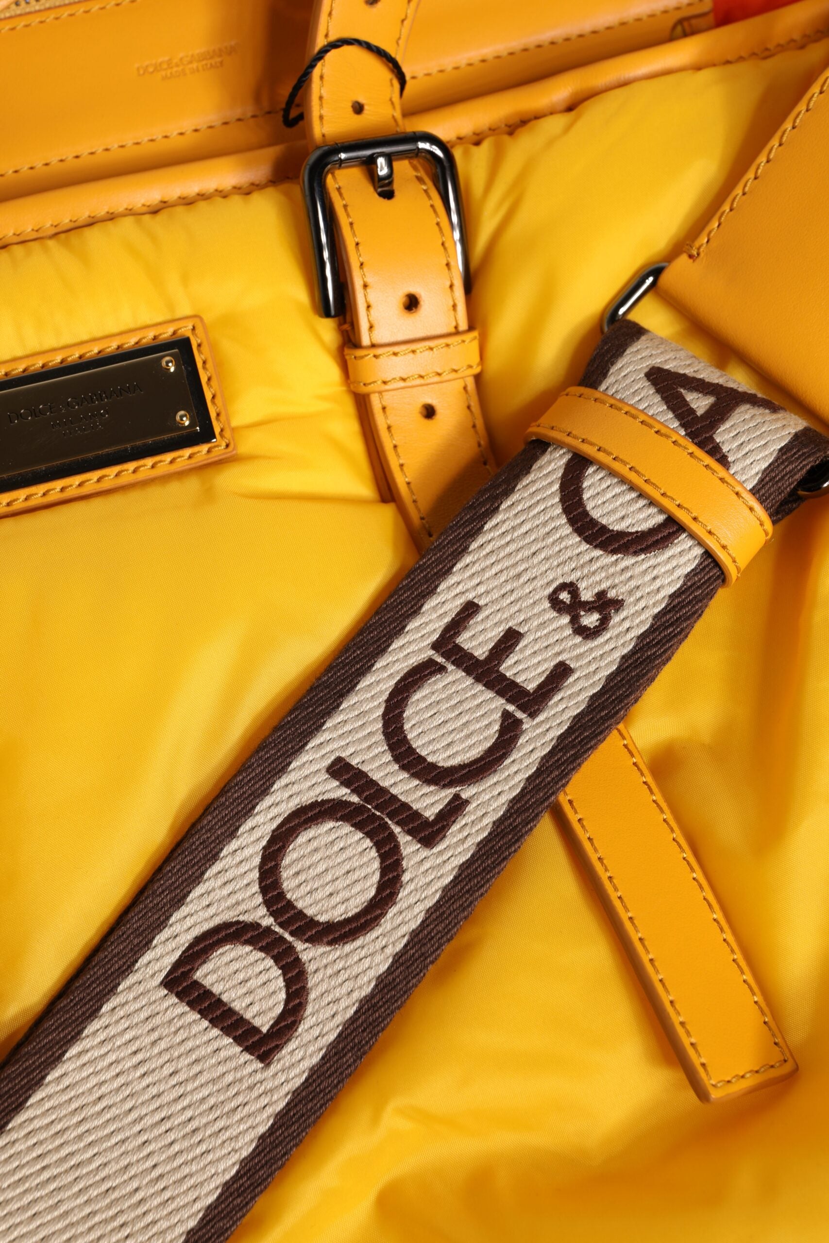 Dolce & Gabbana Men's Yellow Orange Nylon Logo Plaque Duffle Tote Shoulder Bag