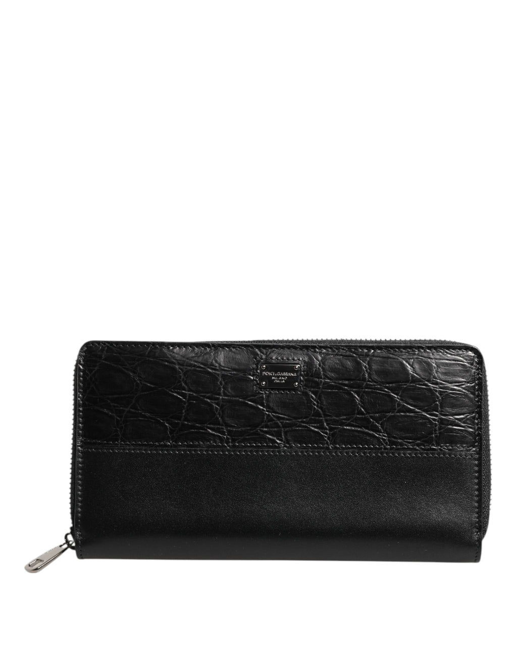 Dolce & Gabbana Men's Black Calfskin Caiman Leather Logo Plaque Zip-Around Continental Wallet