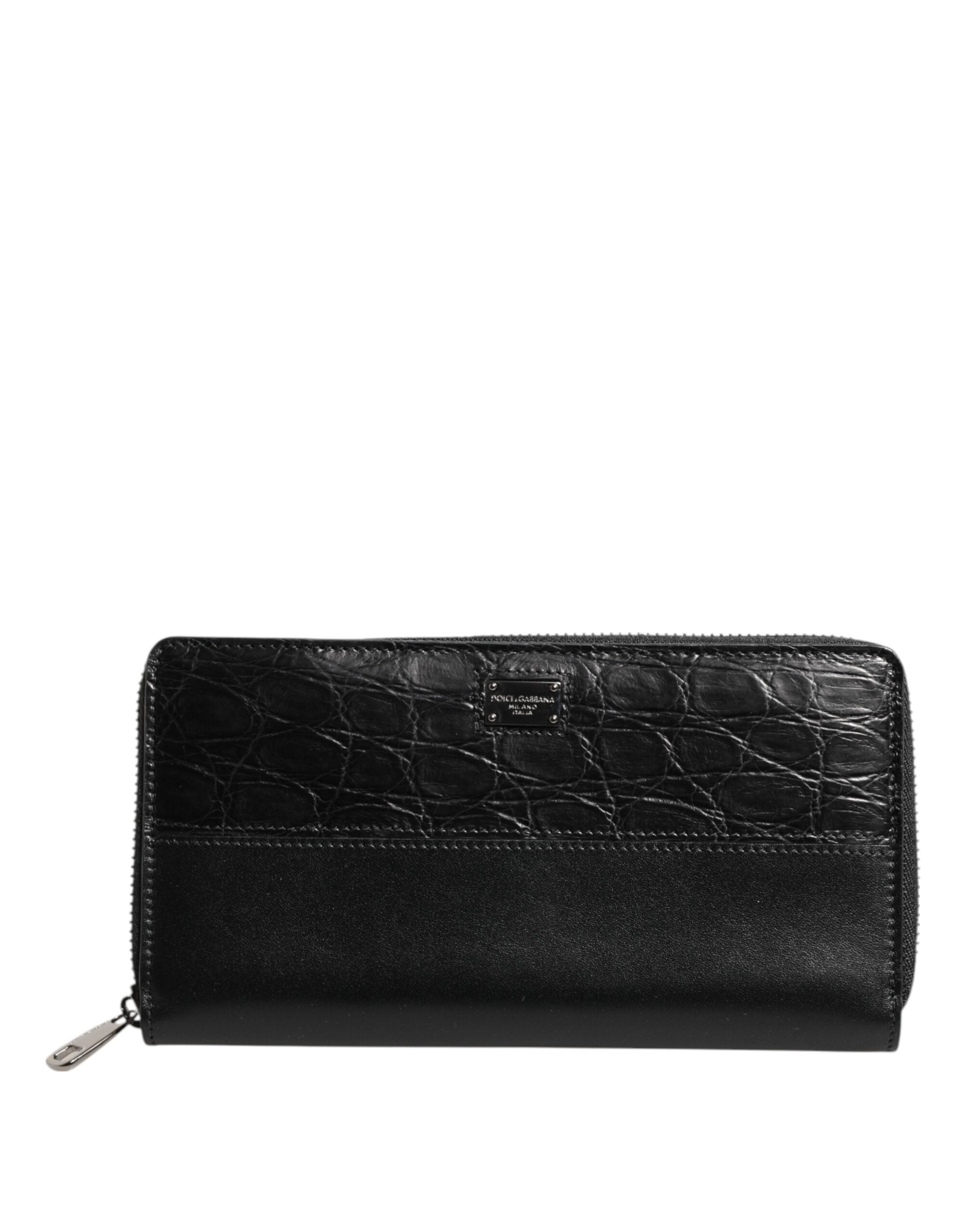 Dolce & Gabbana Men's Black Calfskin Caiman Leather Logo Plaque Zip-Around Continental Wallet