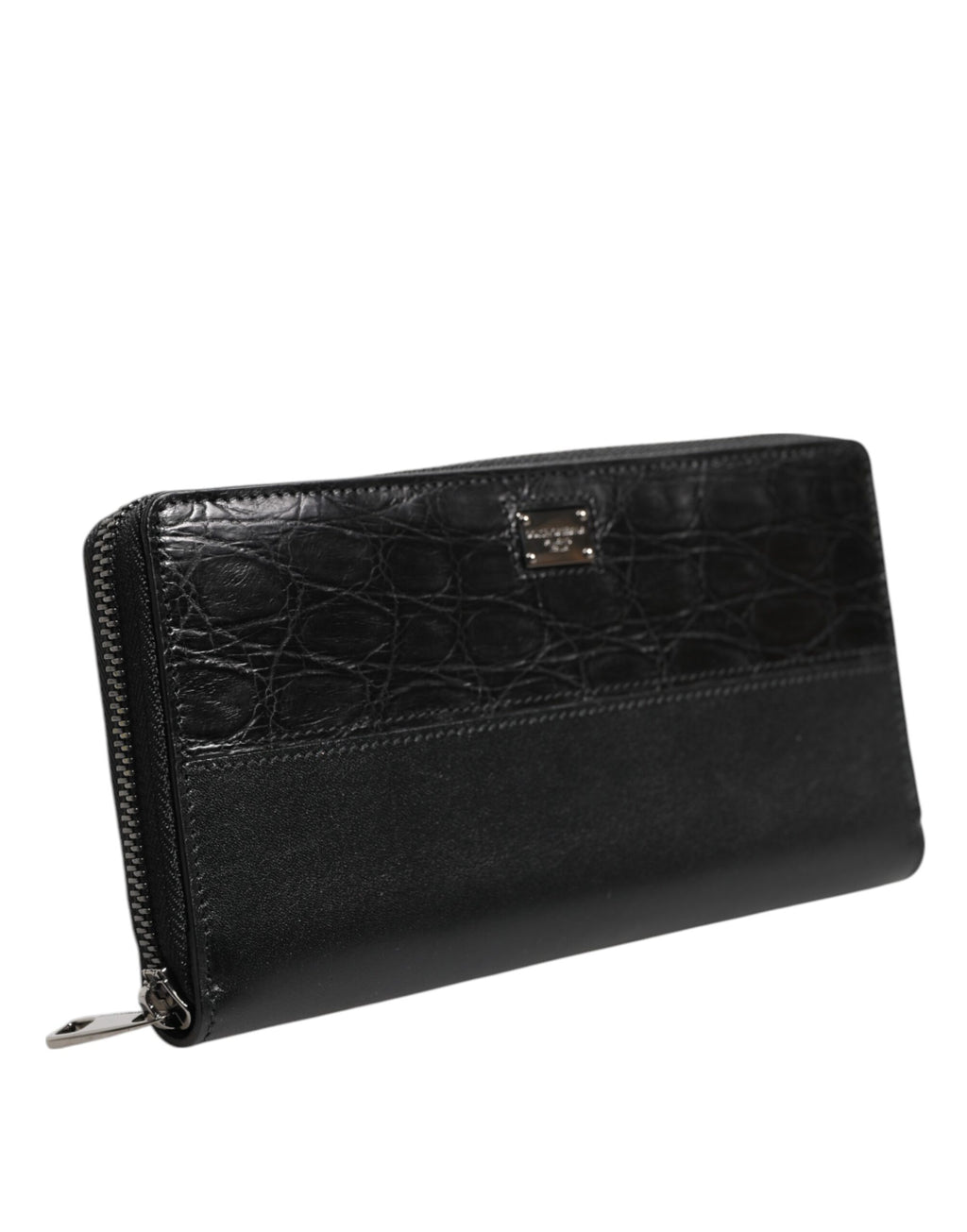 Dolce & Gabbana Men's Black Calfskin Caiman Leather Logo Plaque Zip-Around Continental Wallet