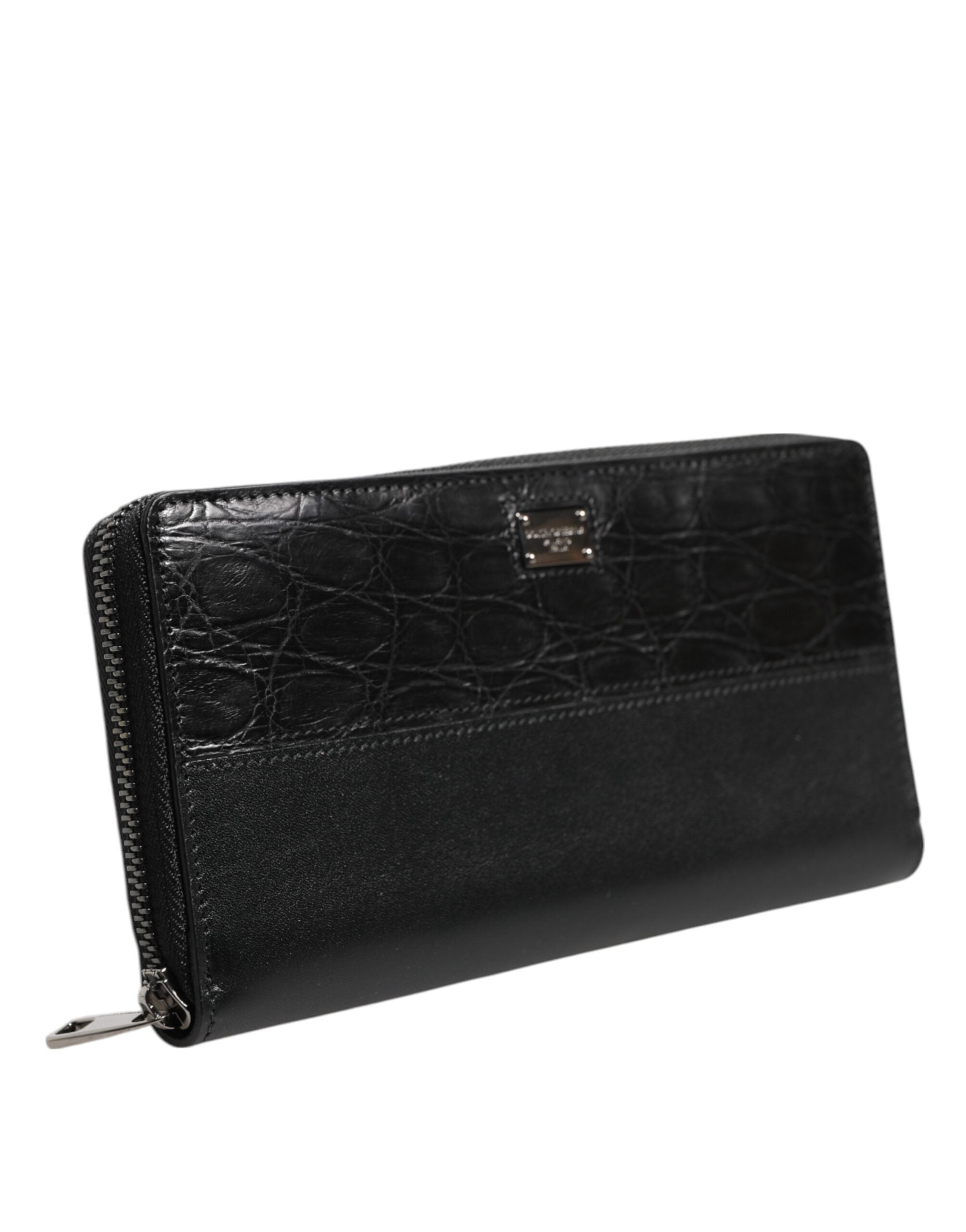 Dolce & Gabbana Men's Black Calfskin Caiman Leather Logo Plaque Zip-Around Continental Wallet