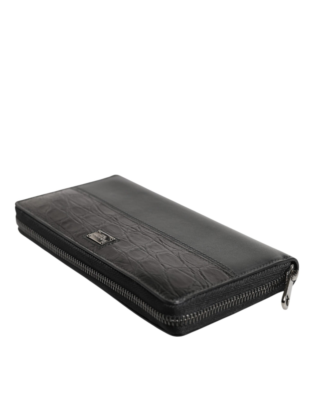 Dolce & Gabbana Men's Black Calfskin Caiman Leather Logo Plaque Zip-Around Continental Wallet