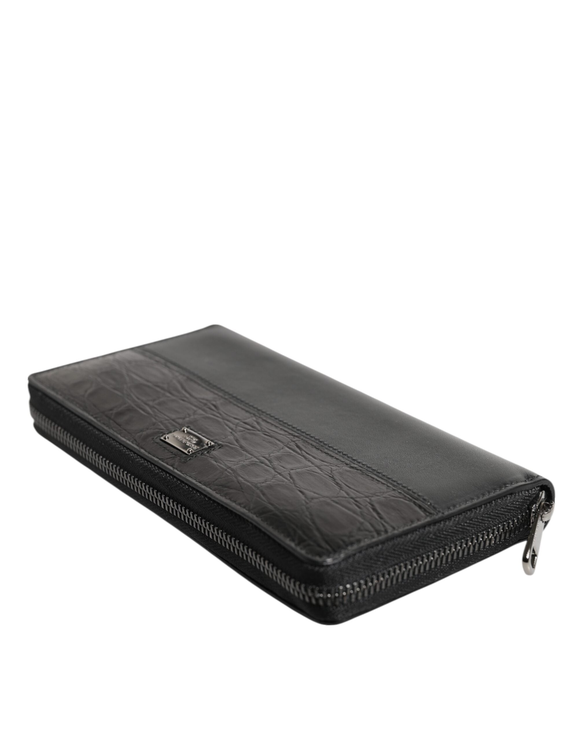 Dolce & Gabbana Men's Black Calfskin Caiman Leather Logo Plaque Zip-Around Continental Wallet
