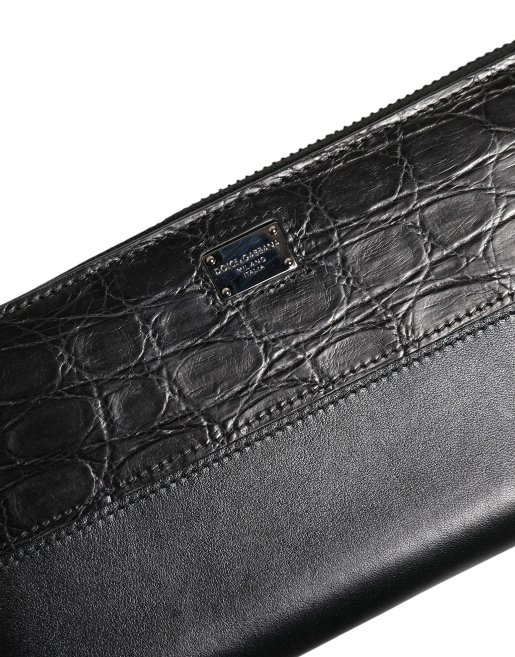 Dolce & Gabbana Men's Black Calfskin Caiman Leather Logo Plaque Zip-Around Continental Wallet